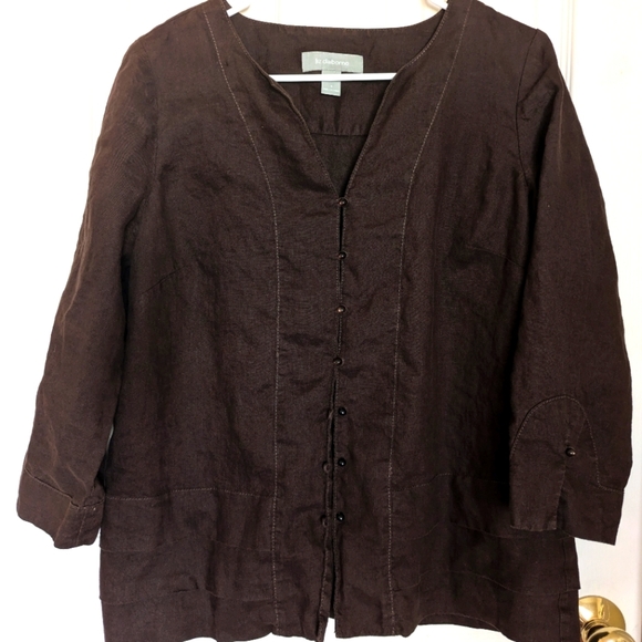 Liz Claiborne 100% Linen Chocolate Brown Tiered Blouse Women's size M - Picture 1 of 11